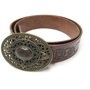 Fossil tooled leather belt brown bejeweled buckle